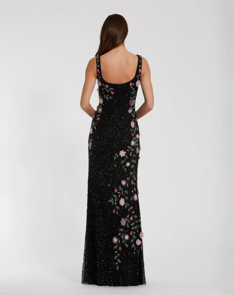Black Floral Beaded Mesh Scoop Neck Sleeveless Gown by Mac Duggal in black color for women in Singapore