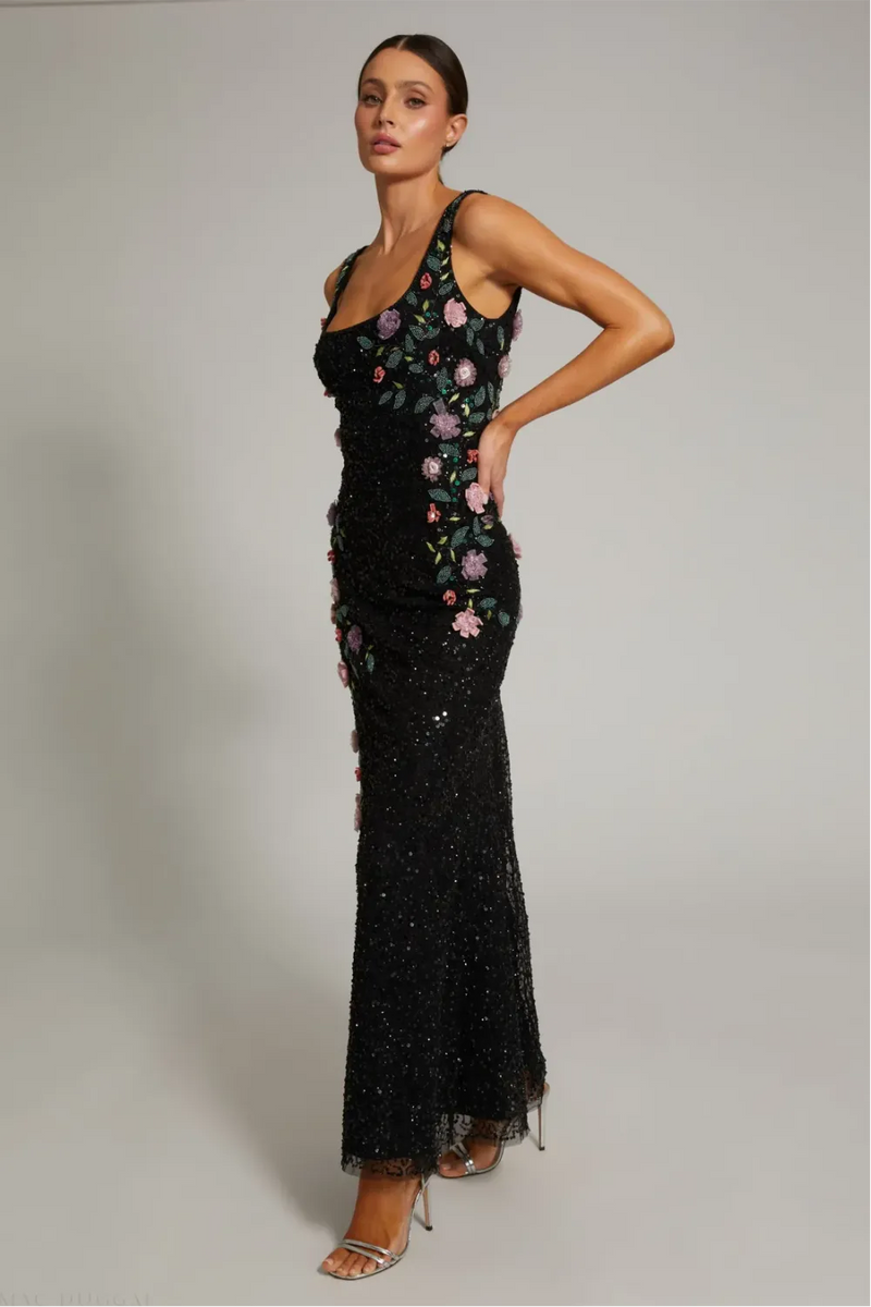 Black Floral Beaded Mesh Scoop Neck Sleeveless Gown by Mac Duggal in black color for women in Singapore