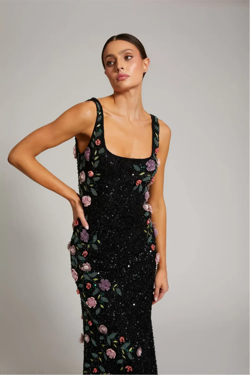 Black Floral Beaded Mesh Scoop Neck Sleeveless Gown by Mac Duggal in black color for women in Singapore