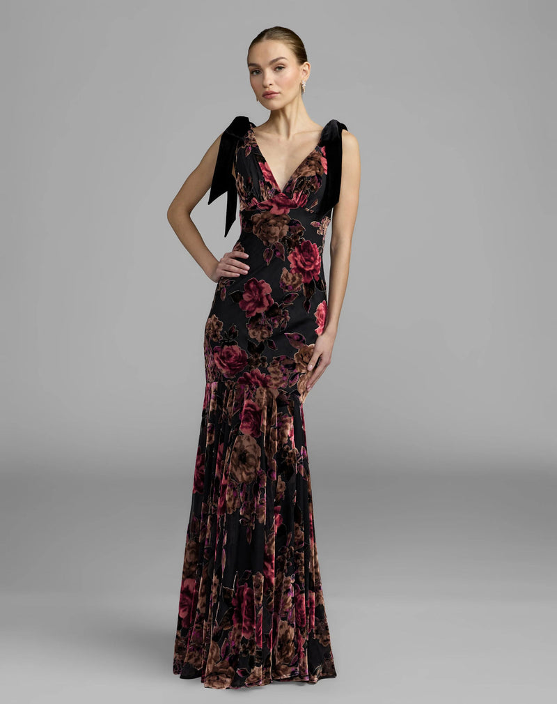 50175-Black Floral Velvet Mermaid Gown With Bows polyester cocktail-and-party-dresses by Mac Duggal in multi-color for women in Singapore