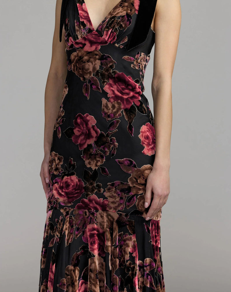50175-Black Floral Velvet Mermaid Gown With Bows polyester cocktail-and-party-dresses by Mac Duggal in multi-color for women in Singapore
