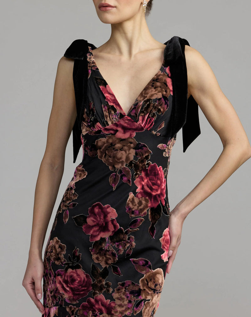 50175-Black Floral Velvet Mermaid Gown With Bows polyester cocktail-and-party-dresses by Mac Duggal in multi-color for women in Singapore