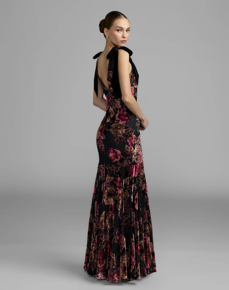 50175-Black Floral Velvet Mermaid Gown With Bows polyester cocktail-and-party-dresses by Mac Duggal in multi-color for women in Singapore