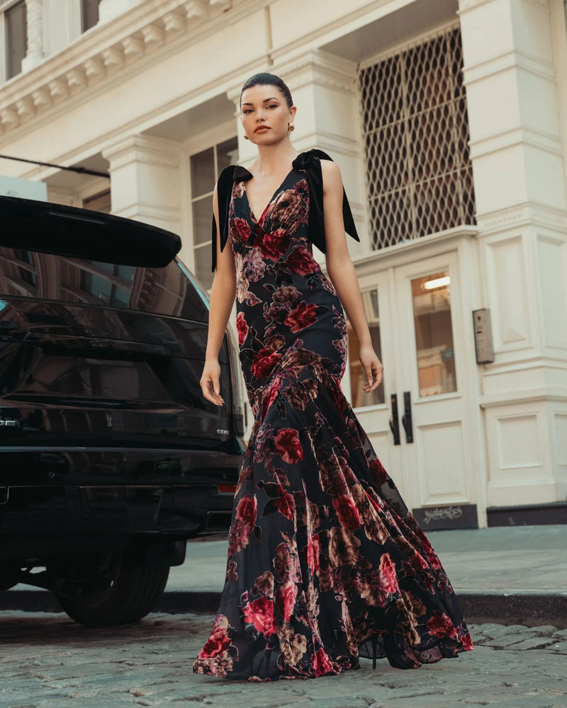 50175-Black Floral Velvet Mermaid Gown With Bows polyester cocktail-and-party-dresses by Mac Duggal in multi-color for women in Singapore