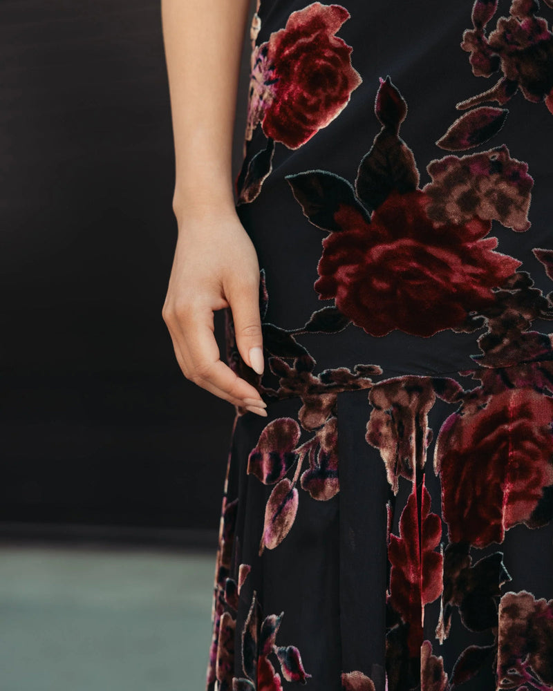 50175-Black Floral Velvet Mermaid Gown With Bows polyester cocktail-and-party-dresses by Mac Duggal in multi-color for women in Singapore