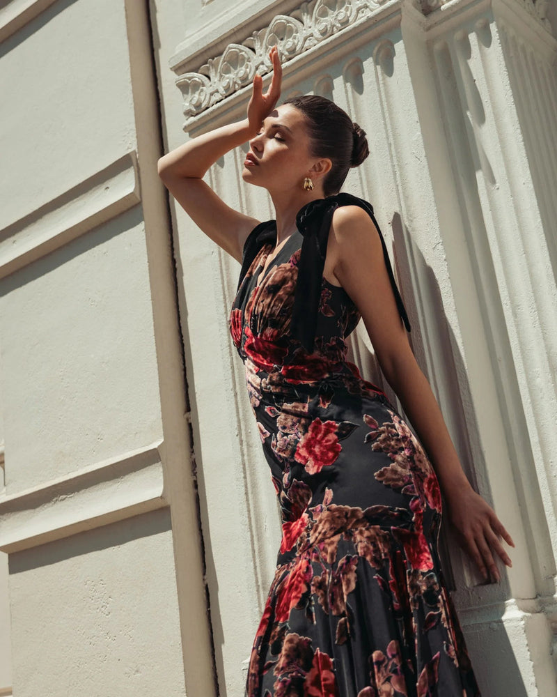 50175-Black Floral Velvet Mermaid Gown With Bows polyester cocktail-and-party-dresses by Mac Duggal in multi-color for women in Singapore
