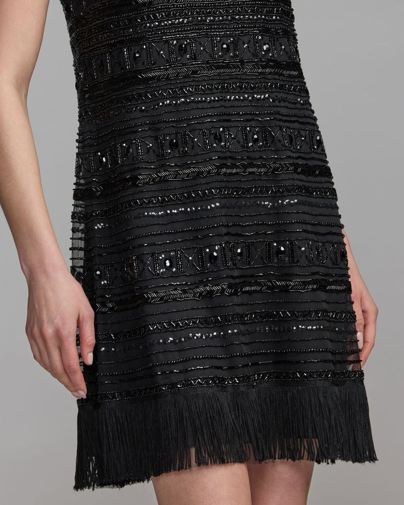 9449-Black Geometric Beaded Fringe Mini Dress polyester cocktail-and-party-dresses by Mac Duggal in black for women in Singapore