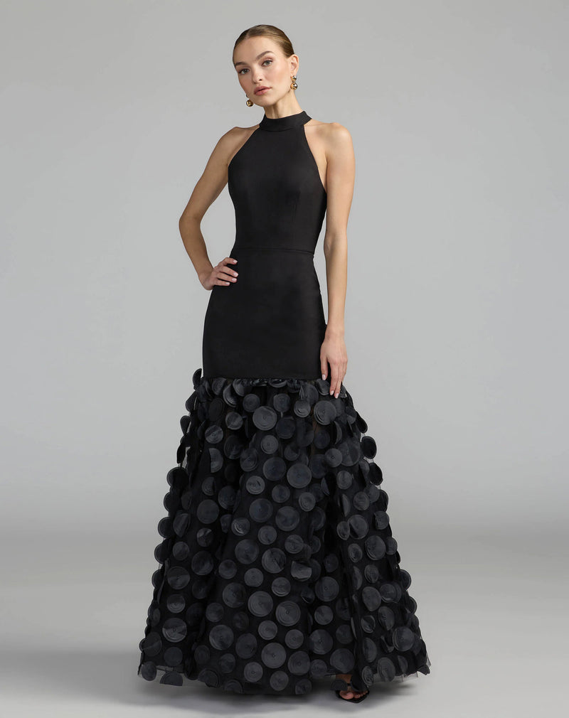 56462-Black Halter Neck 3D Floral Hem Gown polyester evening-gowns by Mac Duggal in black for women in Singapore