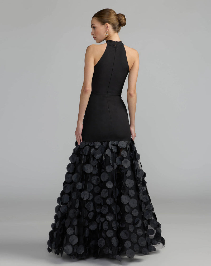 56462-Black Halter Neck 3D Floral Hem Gown polyester evening-gowns by Mac Duggal in black for women in Singapore