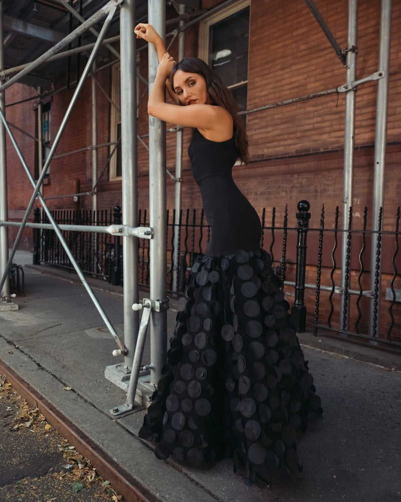 56462-Black Halter Neck 3D Floral Hem Gown polyester evening-gowns by Mac Duggal in black for women in Singapore
