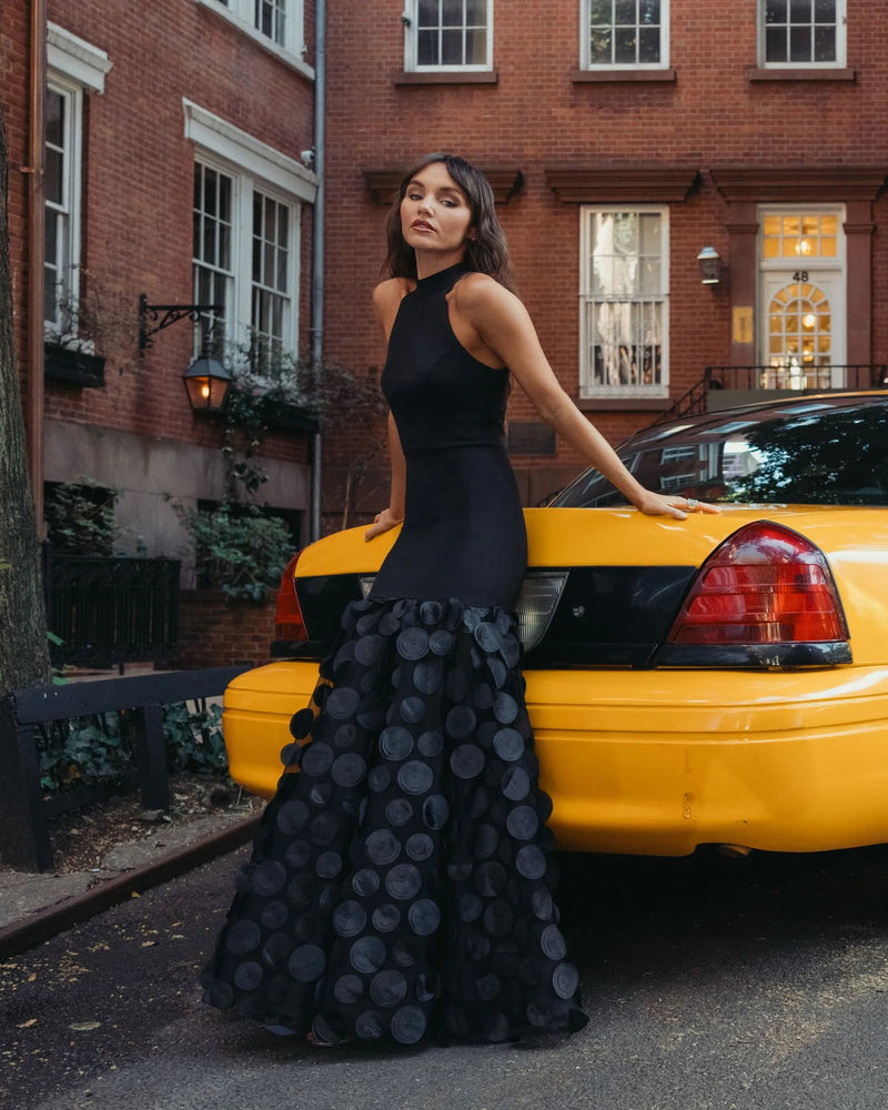 56462-Black Halter Neck 3D Floral Hem Gown polyester evening-gowns by Mac Duggal in black for women in Singapore