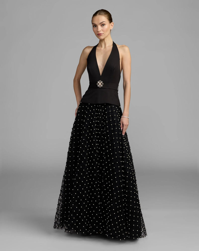 27865-Black Halter Pearl Embellished A-Line Gown polyester evening-gowns by Mac Duggal in black for women in Singapore