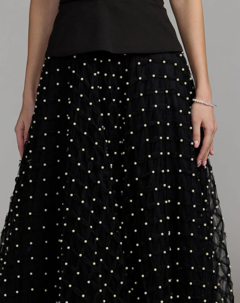 27865-Black Halter Pearl Embellished A-Line Gown polyester evening-gowns by Mac Duggal in black for women in Singapore