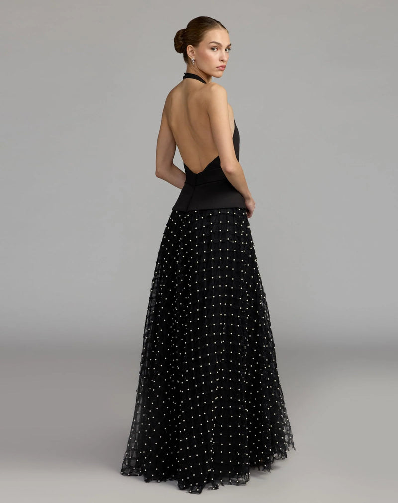 27865-Black Halter Pearl Embellished A-Line Gown polyester evening-gowns by Mac Duggal in black for women in Singapore