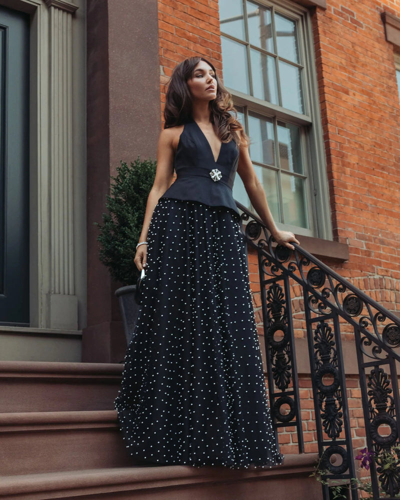 27865-Black Halter Pearl Embellished A-Line Gown polyester evening-gowns by Mac Duggal in black for women in Singapore