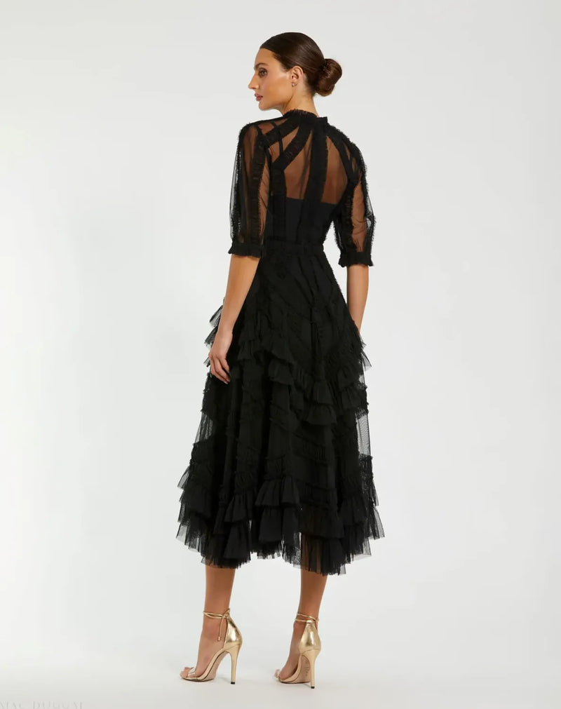 Black High Neck Ruffle Tiered A-Line Midi Dress by Mac Duggal in black color for women in Singapore