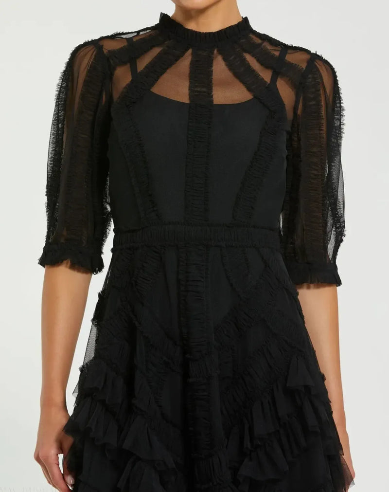 Black High Neck Ruffle Tiered A-Line Midi Dress by Mac Duggal in black color for women in Singapore