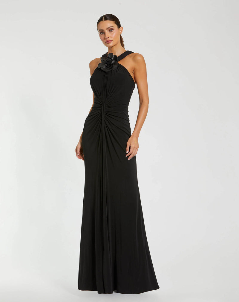 21006-Black Jersey Halter Neck Gown With 3D Flower polyester evening-gowns by Mac Duggal in black for women in Singapore