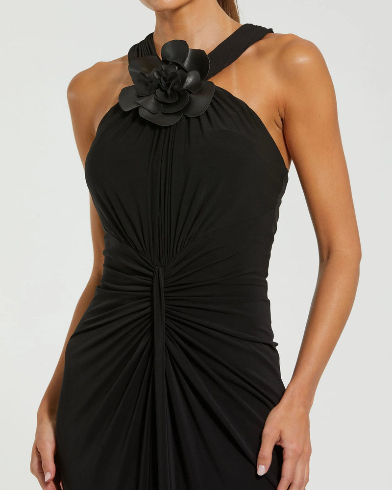 21006-Black Jersey Halter Neck Gown With 3D Flower polyester evening-gowns by Mac Duggal in black for women in Singapore