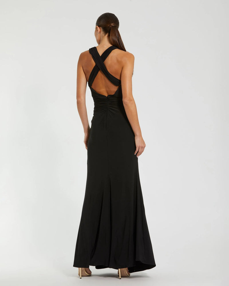 21006-Black Jersey Halter Neck Gown With 3D Flower polyester evening-gowns by Mac Duggal in black for women in Singapore
