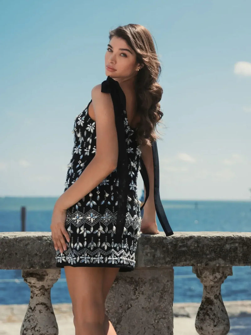 Black Jewel Encrusted Soft Tie Sleeveless Dress by Mac Duggal in black color for women in Singapore