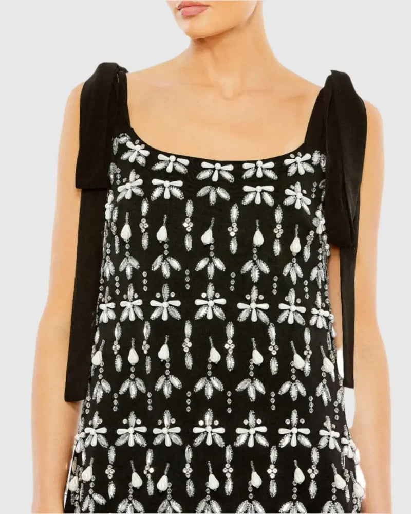 Black Jewel Encrusted Soft Tie Sleeveless Dress by Mac Duggal in black color for women in Singapore