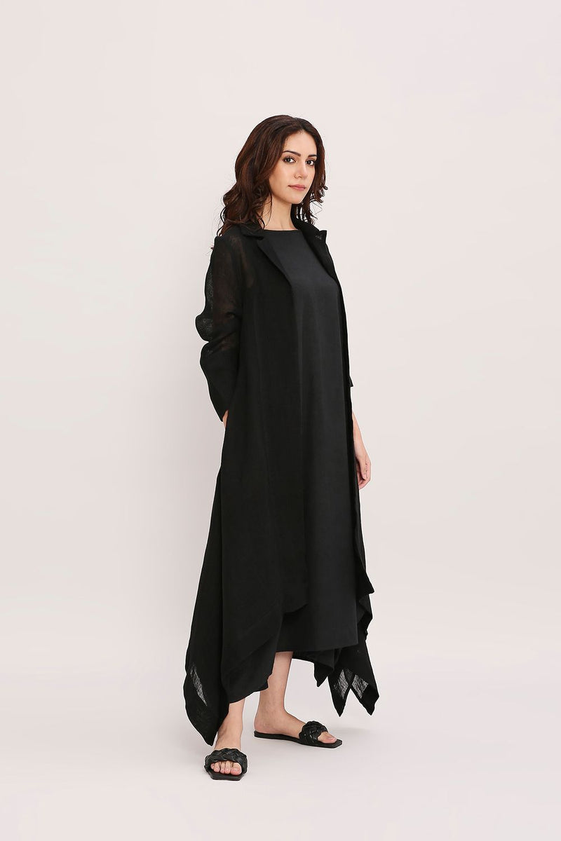 Black Linen Trench Koza Jacket cotton by Mati in black color for women in Singapore