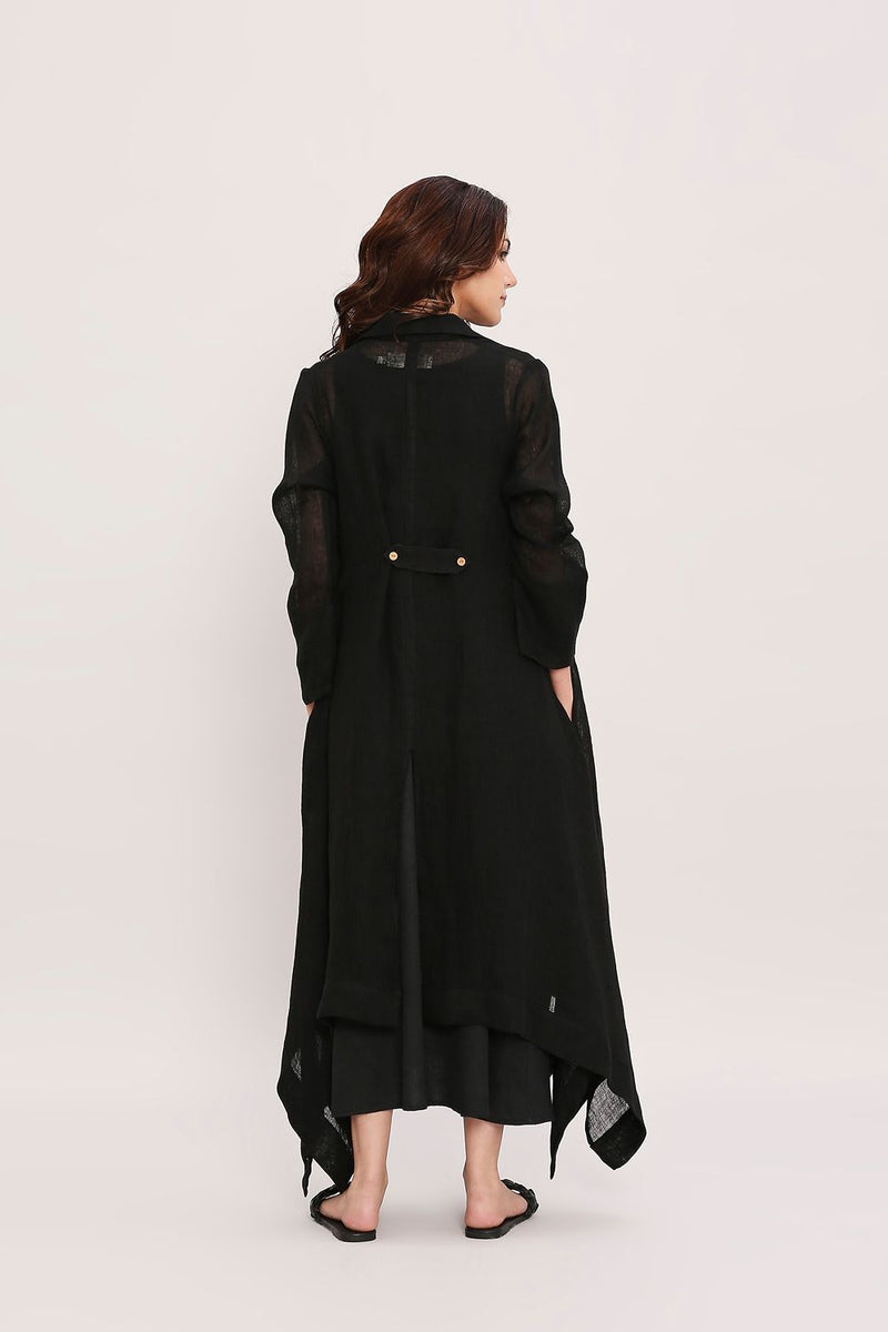 Black Vari & Linen Trench Koza Jacket Co-Ord Set (2 PCS) cotton by Mati in black color for women in Singapore