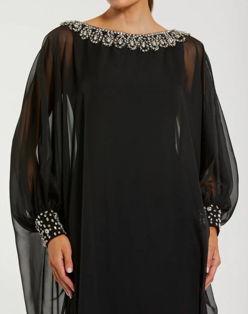 Black Long Sleeve Embellished Chiffon Kaftan Gown chiffon by Mac Duggal in black color for women in Singapore