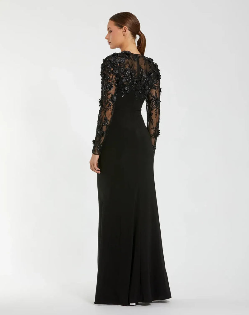 Black Long Sleeve Floral Embellished Column Gown by Mac Duggal in black color for women in Singapore