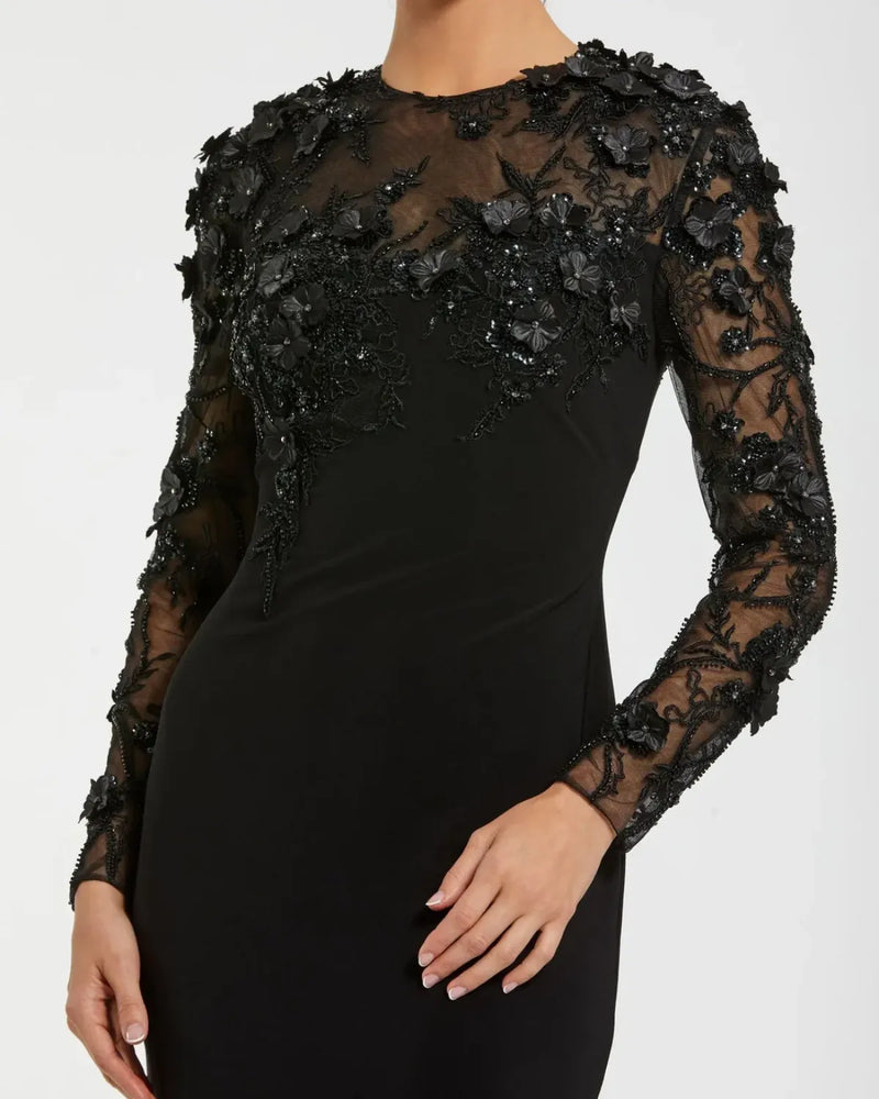 Black Long Sleeve Floral Embellished Column Gown by Mac Duggal in black color for women in Singapore