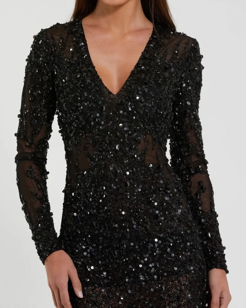 Black Long Sleeve Sheer Embellished Mini Dress by Mac Duggal in black color for women in Singapore