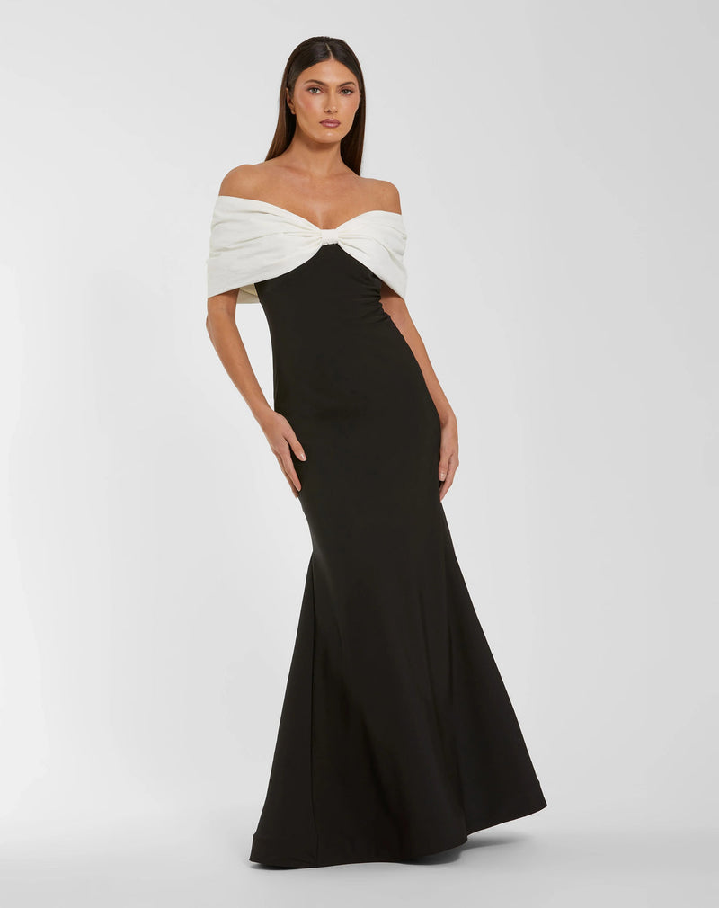 56232-Black Off The Shoulder Mermaid Gown With Bow polyester evening-gowns by Mac Duggal in black, ivory for women in Singapore