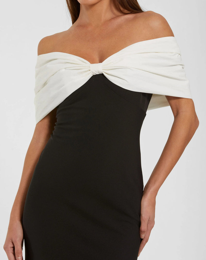 56232-Black Off The Shoulder Mermaid Gown With Bow polyester evening-gowns by Mac Duggal in black, ivory for women in Singapore