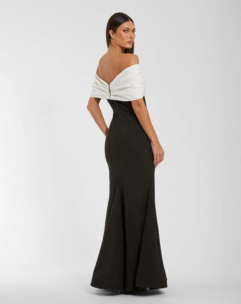 56232-Black Off The Shoulder Mermaid Gown With Bow polyester evening-gowns by Mac Duggal in black, ivory for women in Singapore