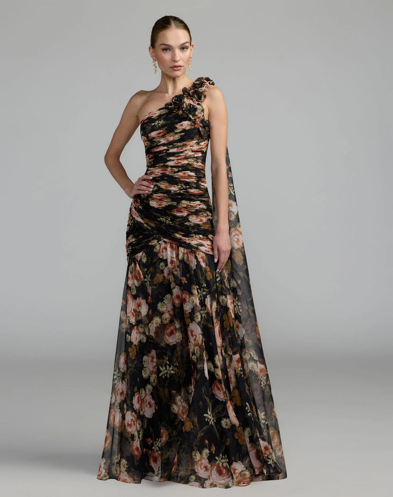 68993-Black One Shoulder Floral Printed Chiffon Gown polyester cocktail-and-party-dresses by Mac Duggal in multi-color for women in Singapore