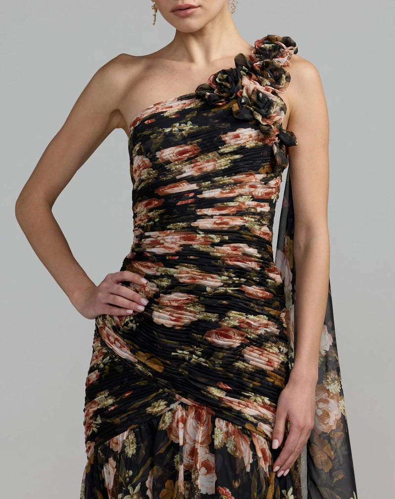 68993-Black One Shoulder Floral Printed Chiffon Gown polyester cocktail-and-party-dresses by Mac Duggal in multi-color for women in Singapore