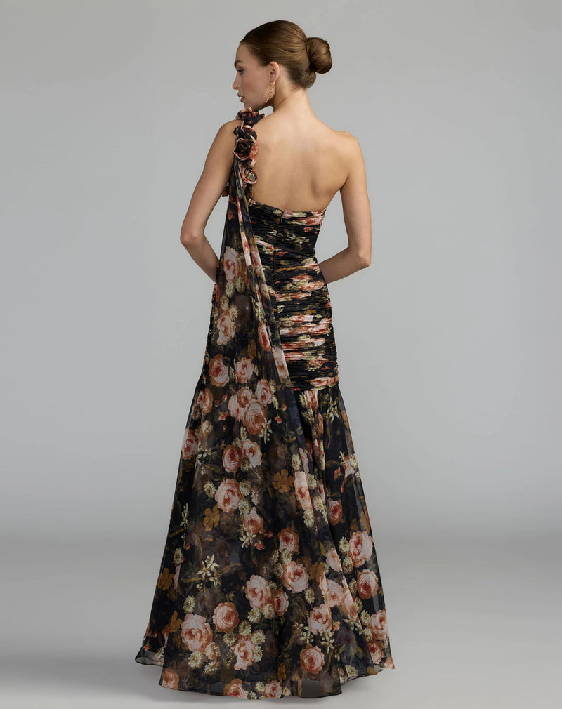 68993-Black One Shoulder Floral Printed Chiffon Gown polyester cocktail-and-party-dresses by Mac Duggal in multi-color for women in Singapore