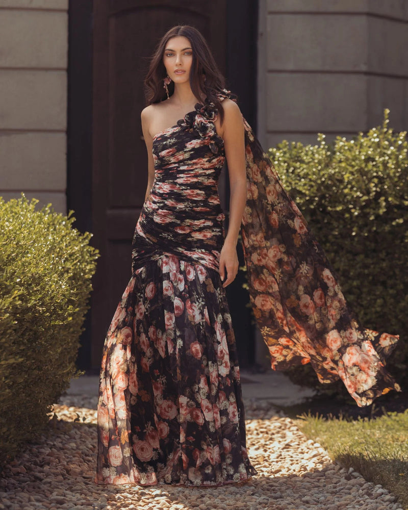68993-Black One Shoulder Floral Printed Chiffon Gown polyester cocktail-and-party-dresses by Mac Duggal in multi-color for women in Singapore