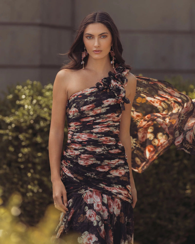 68993-Black One Shoulder Floral Printed Chiffon Gown polyester cocktail-and-party-dresses by Mac Duggal in multi-color for women in Singapore