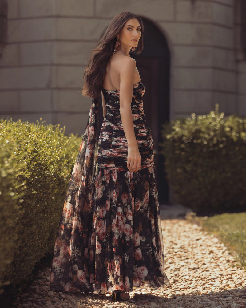 68993-Black One Shoulder Floral Printed Chiffon Gown polyester cocktail-and-party-dresses by Mac Duggal in multi-color for women in Singapore