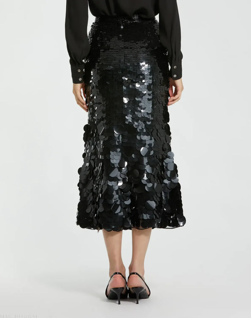 Black Paillette Sequin Midi Skirt by Mac Duggal in black color for women in Singapore