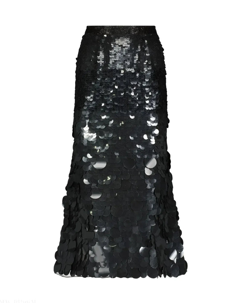 Black Paillette Sequin Midi Skirt by Mac Duggal in black color for women in Singapore