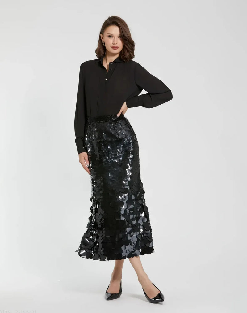 Black Paillette Sequin Midi Skirt by Mac Duggal in black color for women in Singapore