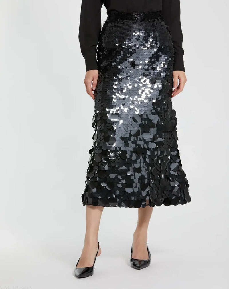 Black Paillette Sequin Midi Skirt by Mac Duggal in black color for women in Singapore