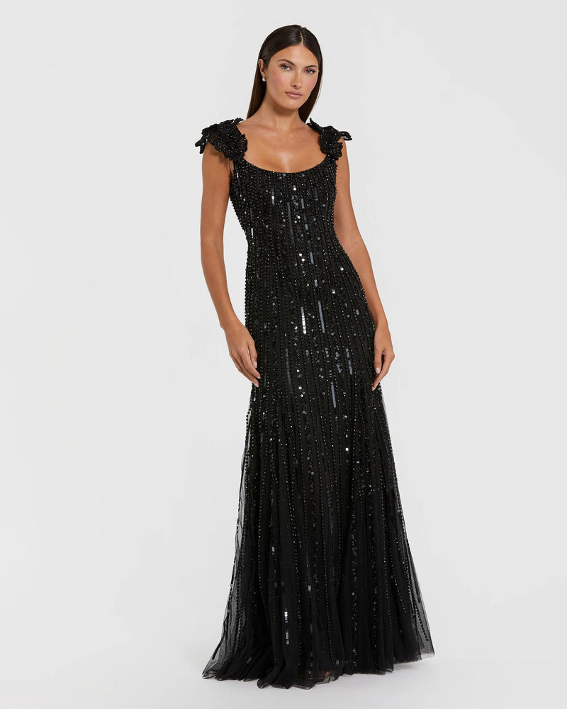 94223-Black Sleeveless Embellished Gown With Floral Accent polyester evening-gowns by Mac Duggal in black for women in Singapore