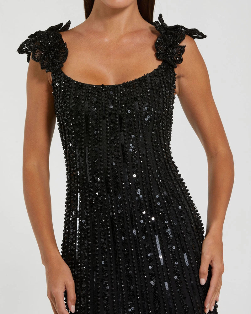 94223-Black Sleeveless Embellished Gown With Floral Accent polyester evening-gowns by Mac Duggal in black for women in Singapore