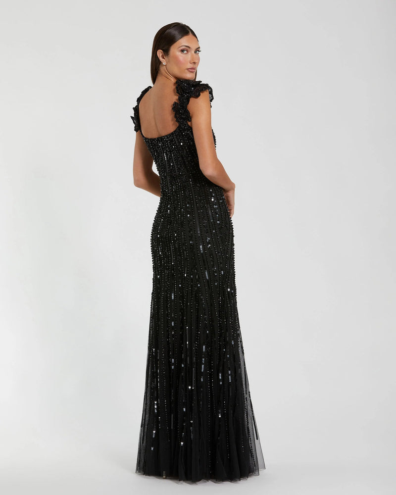 94223-Black Sleeveless Embellished Gown With Floral Accent polyester evening-gowns by Mac Duggal in black for women in Singapore