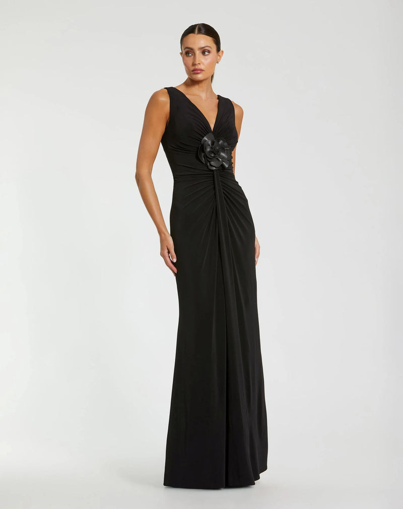 21005-Black Sleeveless Jersey Gown With 3D Flower polyester evening-gowns by Mac Duggal in black for women in Singapore
