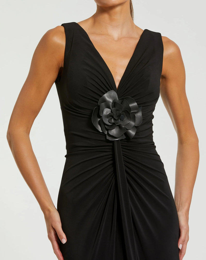 21005-Black Sleeveless Jersey Gown With 3D Flower polyester evening-gowns by Mac Duggal in black for women in Singapore